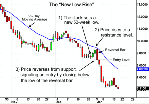 An example price chart of the Newl_Low Rise online stock trading tactic.